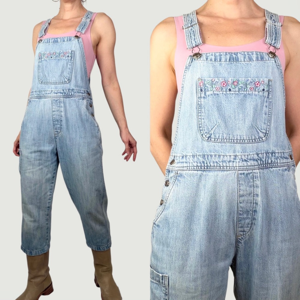 Cherokee Vintage Floral Embroidered Denim Overalls‎ Light Wash Plaid Lined S
